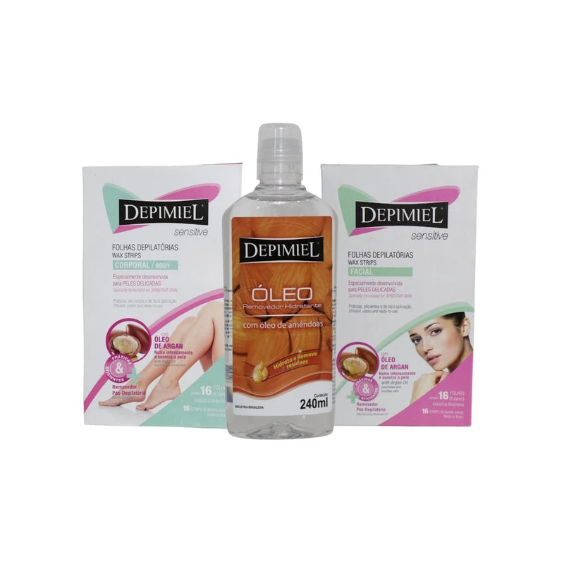 Kit Folha Depil Corpo Rosto Óleo Removedor Amêndoa Depimiel